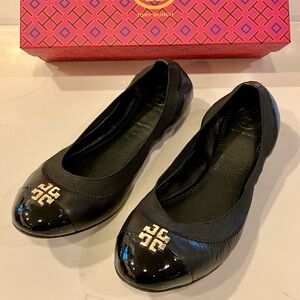 Tory Burch Jolie Black and Gold Cap Toe Ballet  Flats, size 7.5